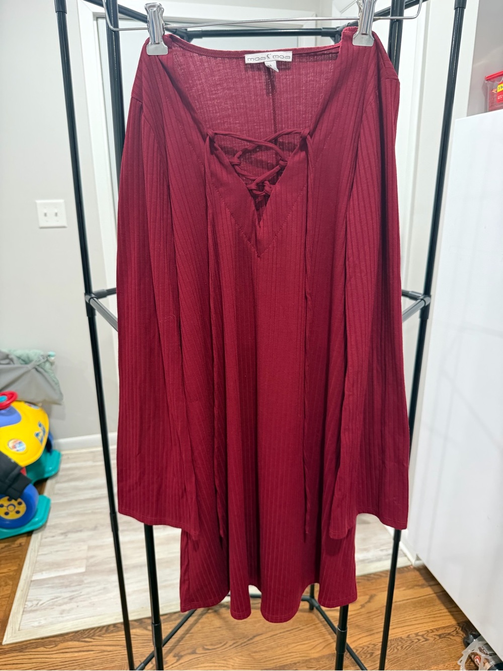 Moa Moa Deep Wine Ribbed Lace-Up Long Sleeve Dress
